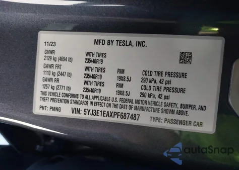 2023 Tesla Model 3 Rear-Wheel Drive z USA, uszkodzony, nr VIN 5YJ3E1EAXPF687487